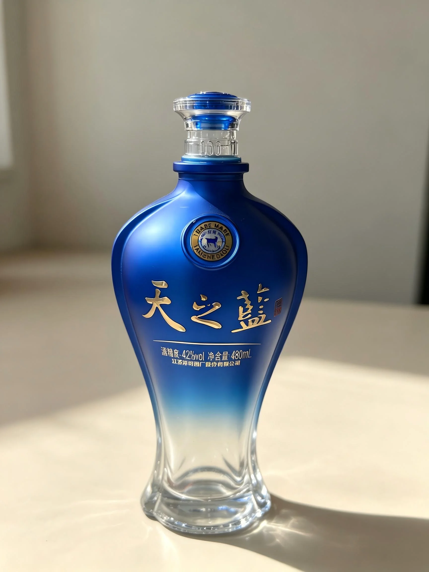 Blue gradient decorated glass liquor bottle — linkonink waterslide decal decoration sample