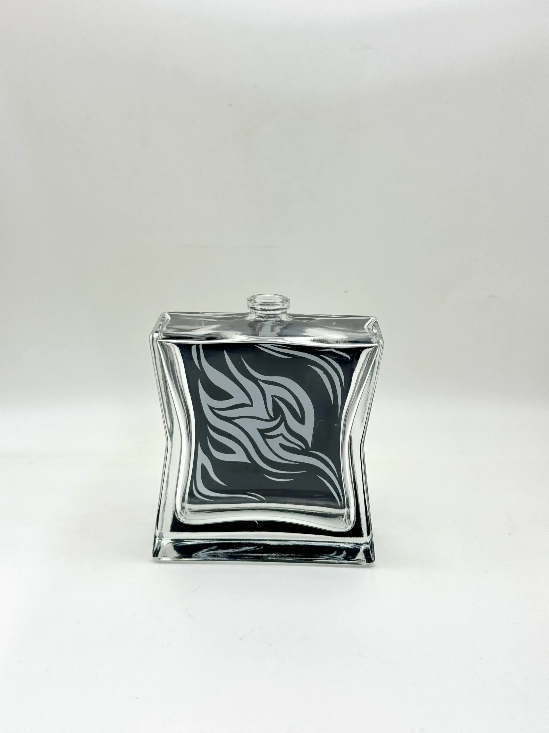 Black flame-textured square glass perfume bottle — decorated sample