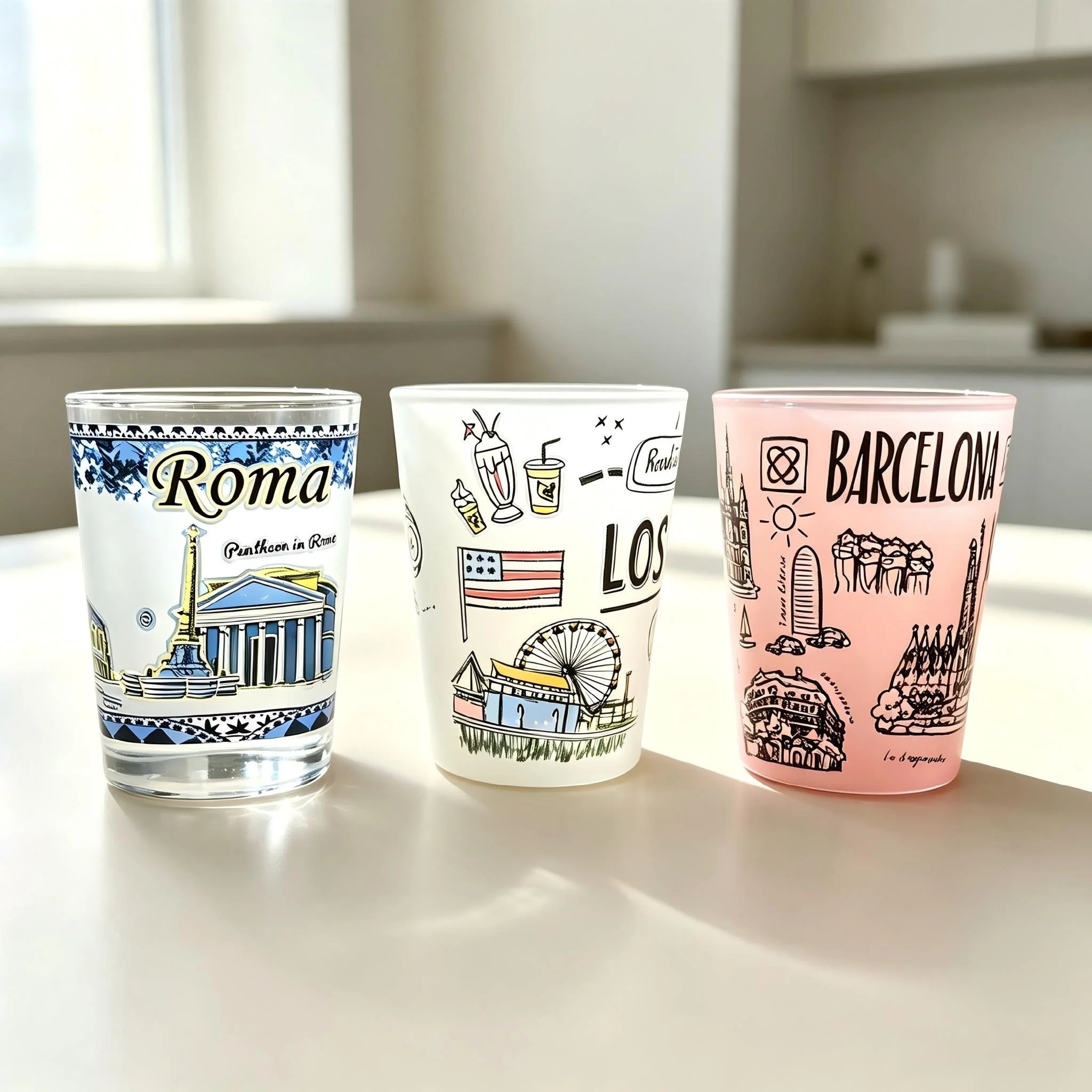 Three city-themed glass cups together — Roma, Los Angeles and Barcelona artwork